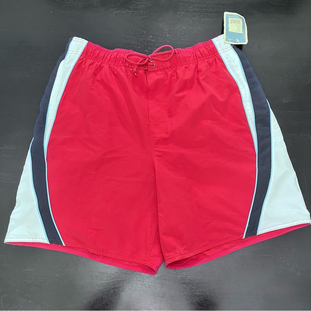 Men's Red Swim Shorts with Black and White Accents
